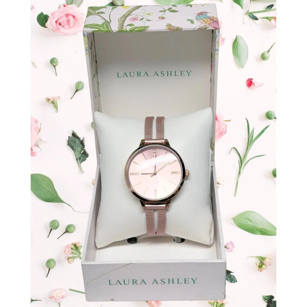 Laura Ashley Rose Gold Tone Case with Blush Pink Dial and Pink Mesh Strap Watch